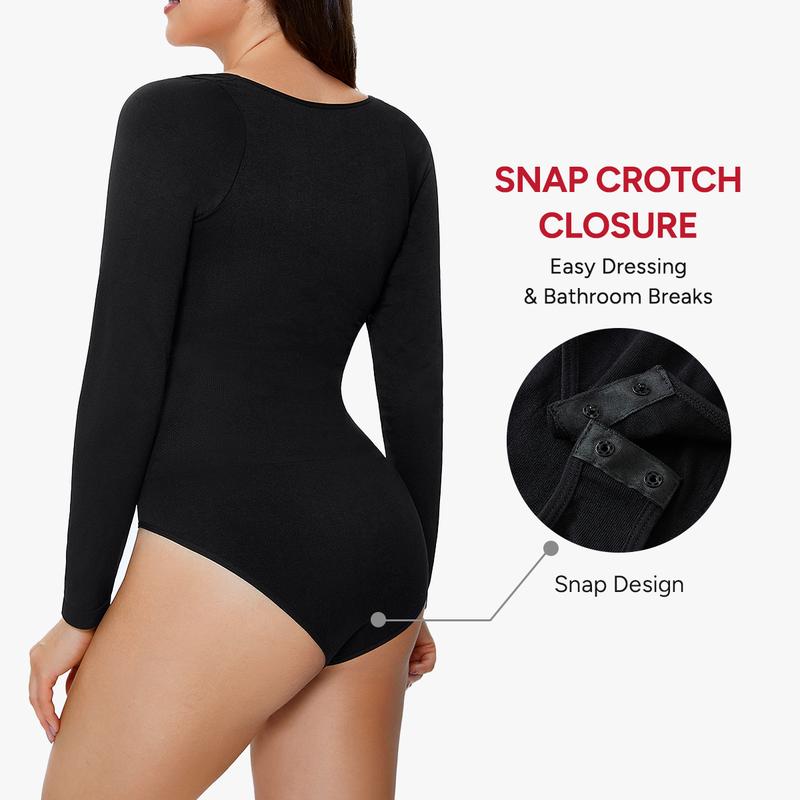 Nebility Women's Minimalist Slim-Fitting Long Sleeve Square Neck Bodysuits for Going Out Basic Leotards Outfits Shirt Tops Womenswear