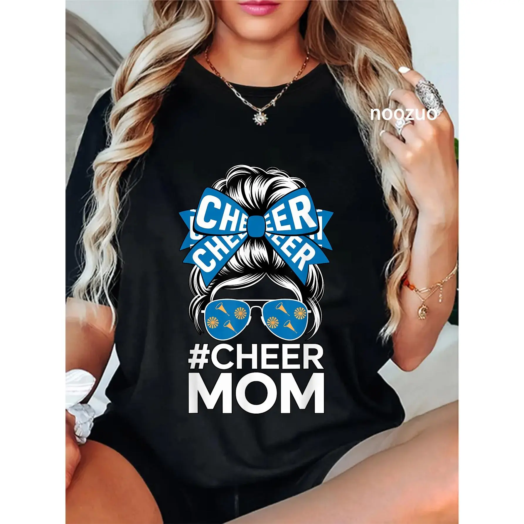 100% Cotton Cheer Mom Sports Fan Bow Sunglasses Cheerleading Support T-Shirt
