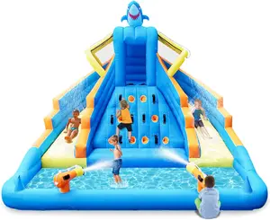 Water Slide, 13FT Shark-Themed Large Bounce House with Dual Slides, Climbing Wall, Deep Pool, Water Cannon, 680W Blower, Storage Bag, Backyard Blow Up Water Park for Kids Aged 3–10