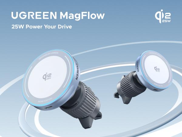 UGREEN 25W MagFlow Wireless Car Charger, MagSafe Qi2 Certified Fast Charging Cradle Mount for iPhone 17/16/15/14/13/12 Series, Air Vent Clip Secure Holder with USB-C Cable