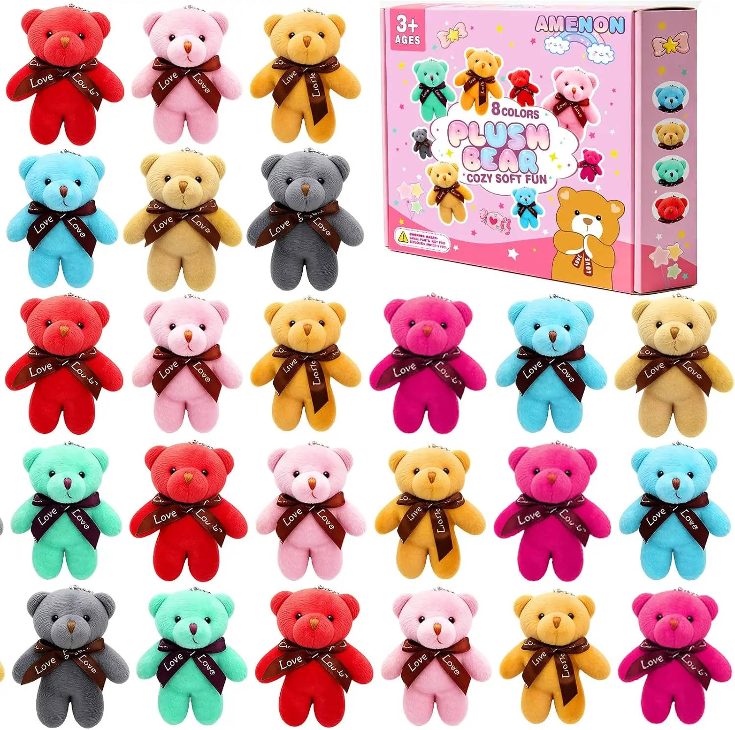 24-Pieces Cute Mini Bear Plush Toy Keychains, Small Stuffed Animal Bulk Lanyard for Keys, Assorted Colors Party Gifts for Kids