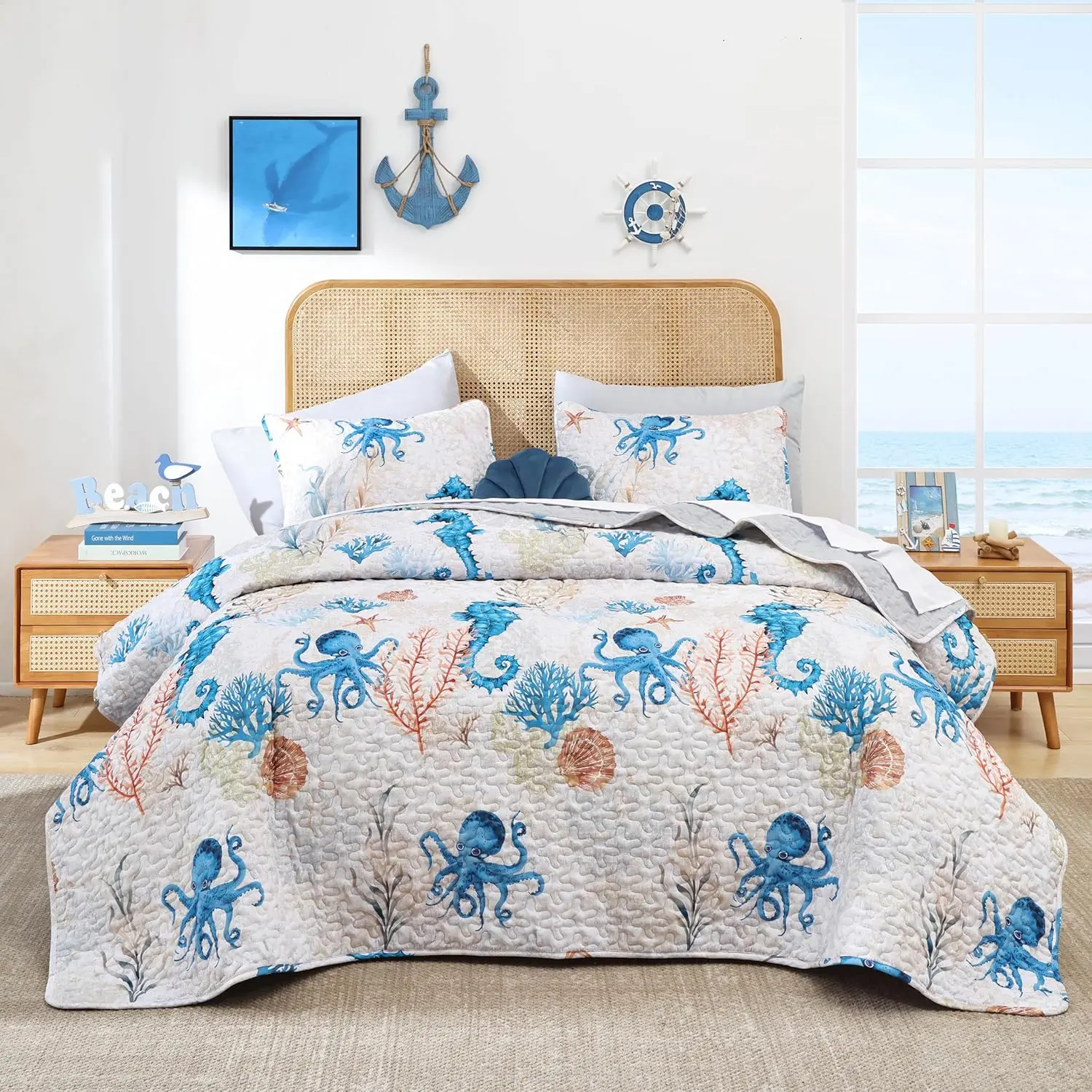 Queen Size Nautical Bedding Set - Summer Beach Tropical Synthetic Breathable All-Reversible Ocean Blue Seahorse Coverlet with Pillow, Soft Lightweight Comforter