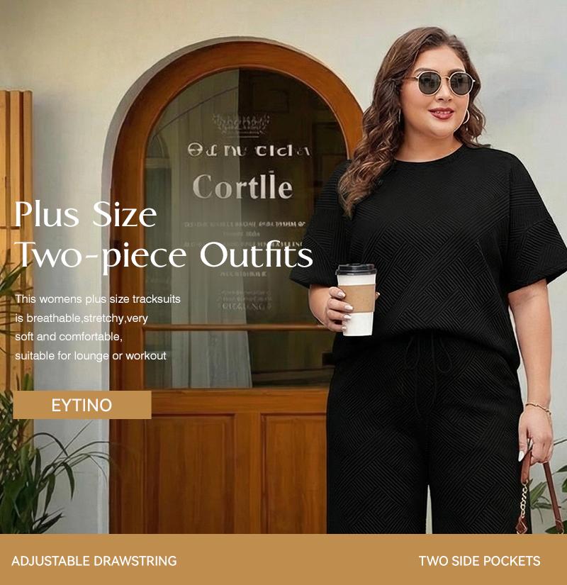 Eytino Womens Plus Size Sweatsuits Casual Short Sleeve Tops High Waist Wide Leg Pants 2 Piece Tracksuit Lounge Sets(1X-5X)