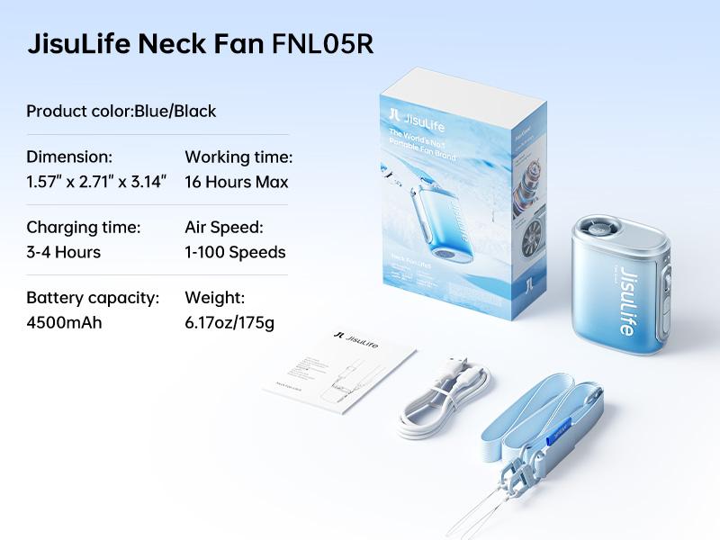 JISULIFE Neck Fan Life5 100-Speed Turbo Portable Pocket Fan 16H Cooling 4500mAh Wearable Waist Fan with LED Display Ultra-Lightweight for Concerts Festivals & Outdoor Use