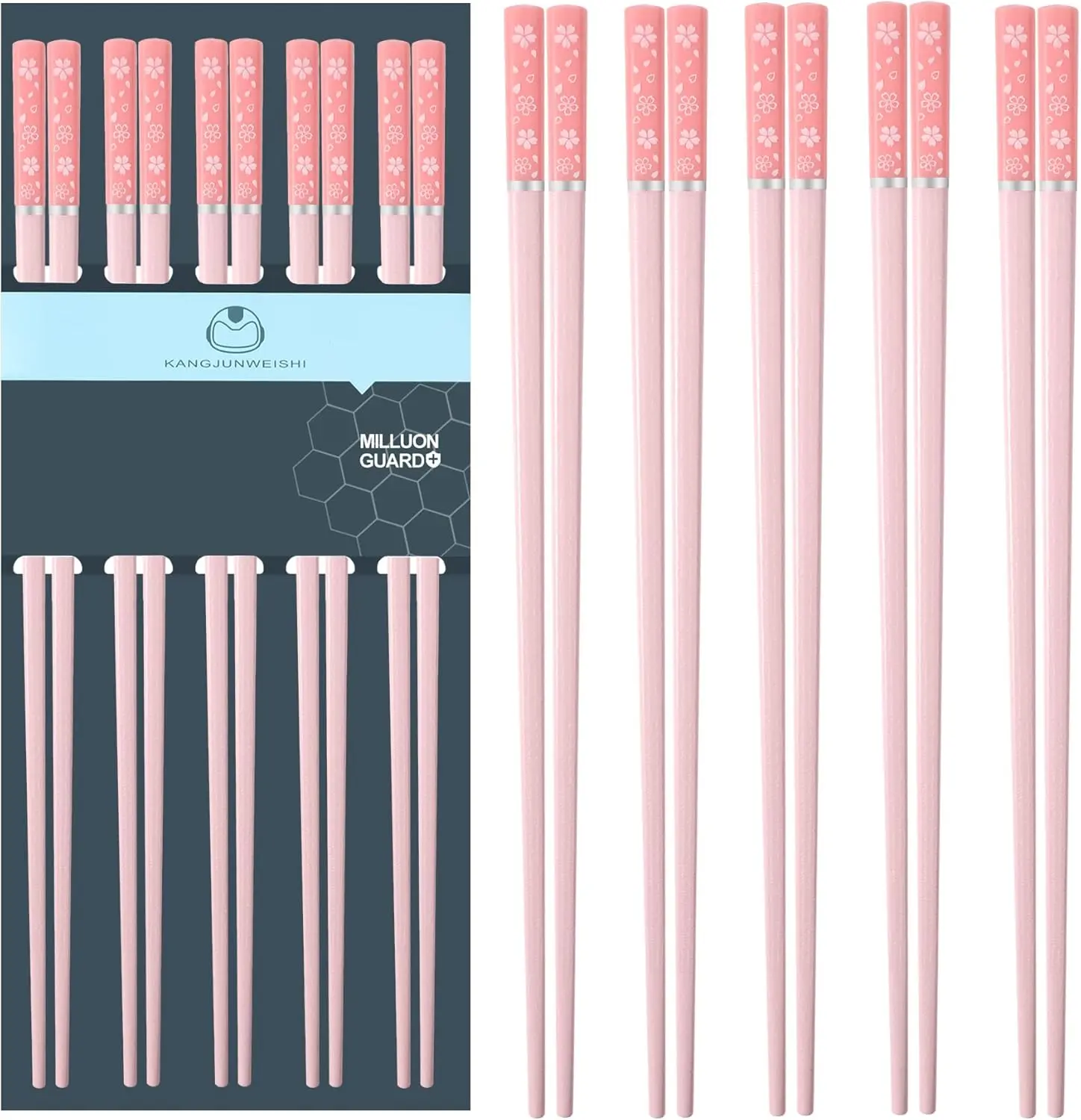 Matte Non-Slip Pink Sakura Fiberglass Chopsticks (5-Pair, 9.57in) - Reusable Cutlery Tableware, Dishwasher Safe Kitchenware, Dirtfree After Wash, Great for Sushi Nights, Christmas Gifting for Family, Friends