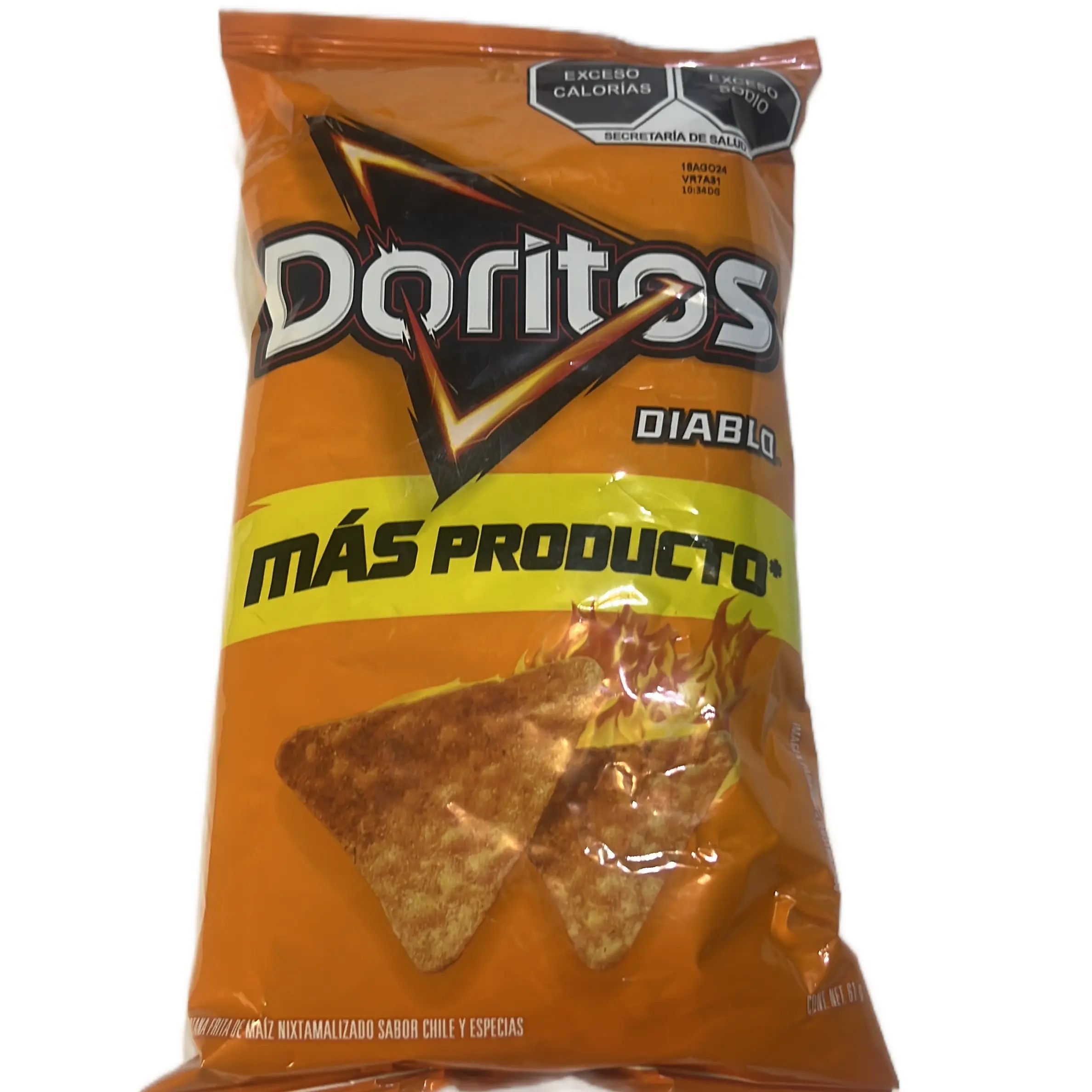 Doritos Diablo! Deliciously cheesy and Spicy! Box with 5 bags of 95  grams. Crunchy cheesy spicy snack candy wholesale