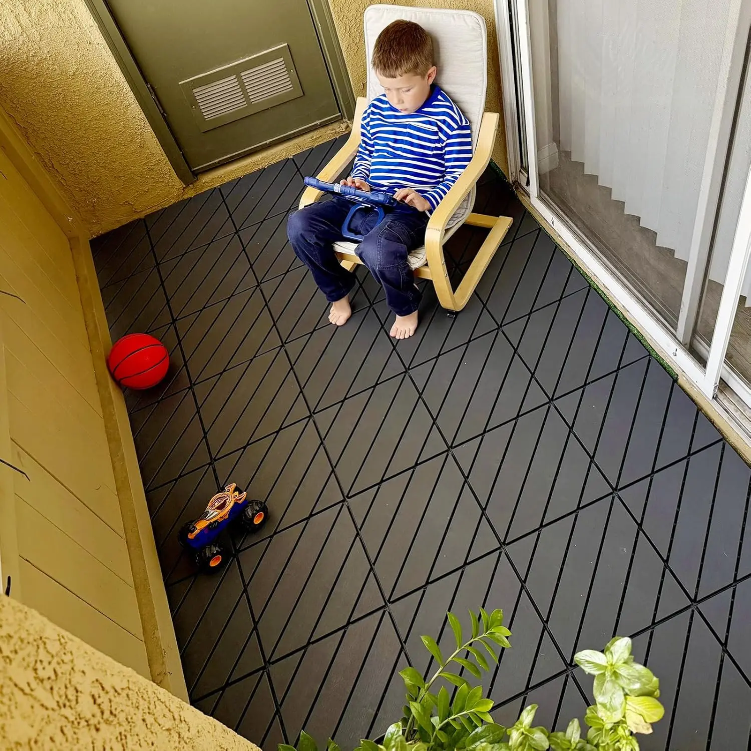 12x12 Interlocking Deck Tiles (44-Pack) - Waterproof All-Weather Flooring, All Weather Mats, Dark Grey Travertine & Green Porcelain, Indoor/Outdoor for Balcony, Porch Home Improvement