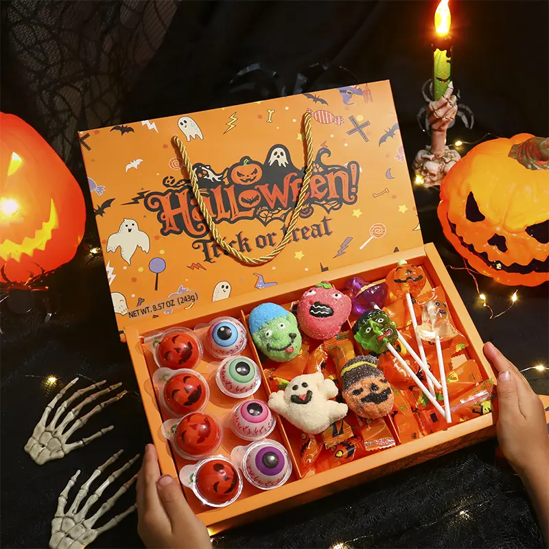 Halloween Ready-to-Give Candy Gift Box Set - 4D Lollipops, Marshmallows, Gummies Mix - 8.57 Oz, 33 Count Spooky Treats with Ghost, Pumpkin, Bat Designs - High-Appearance Snacks for Kids, Loved Ones, Ready-To-Give Candy Box