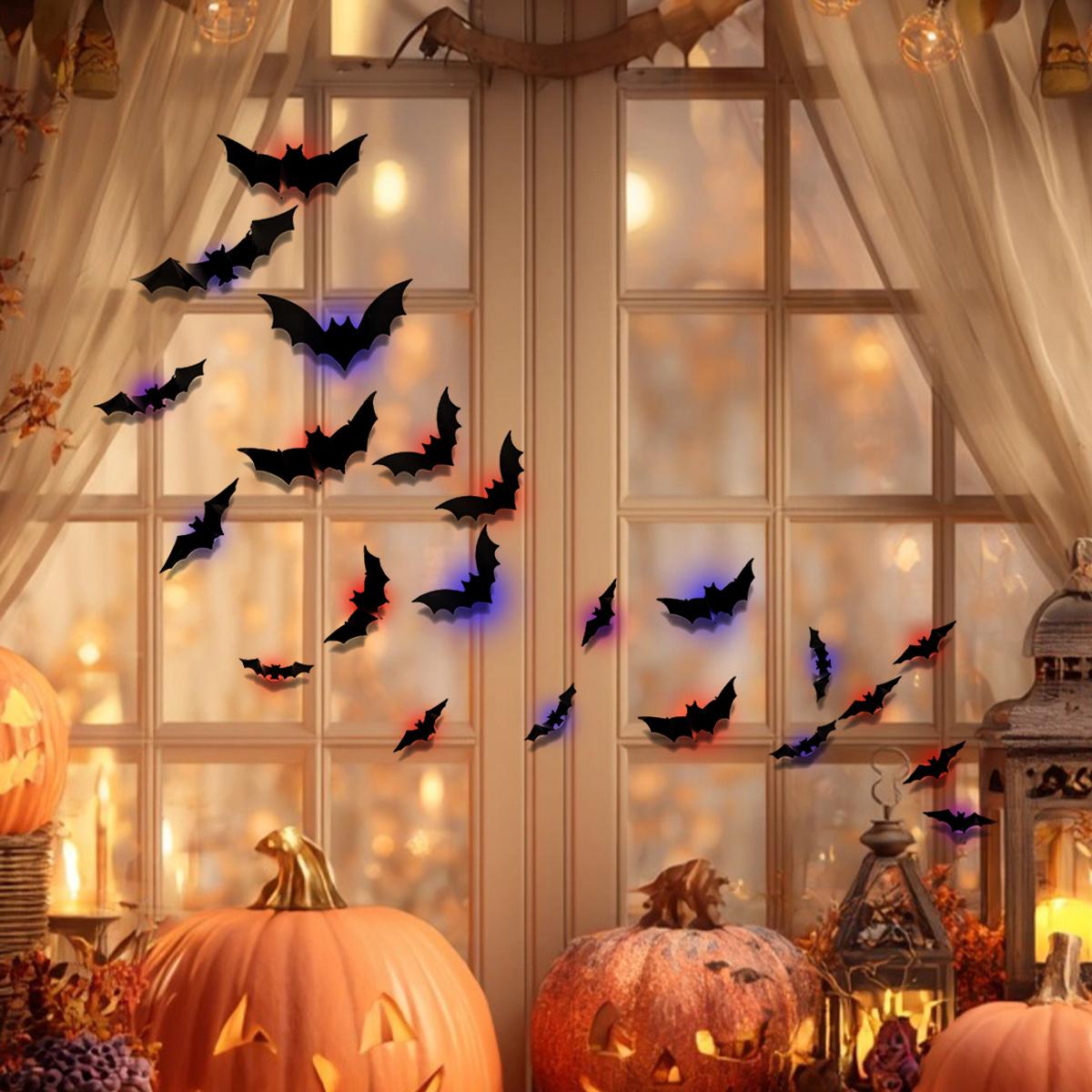 Halloween 3D Lighted Bats, 2025 New 3D Led Bats Lighted Stickers Decor Light - Hanging Wall Luminous Glow Clings for Home Bar Halloween Party (Bats-12pcs)