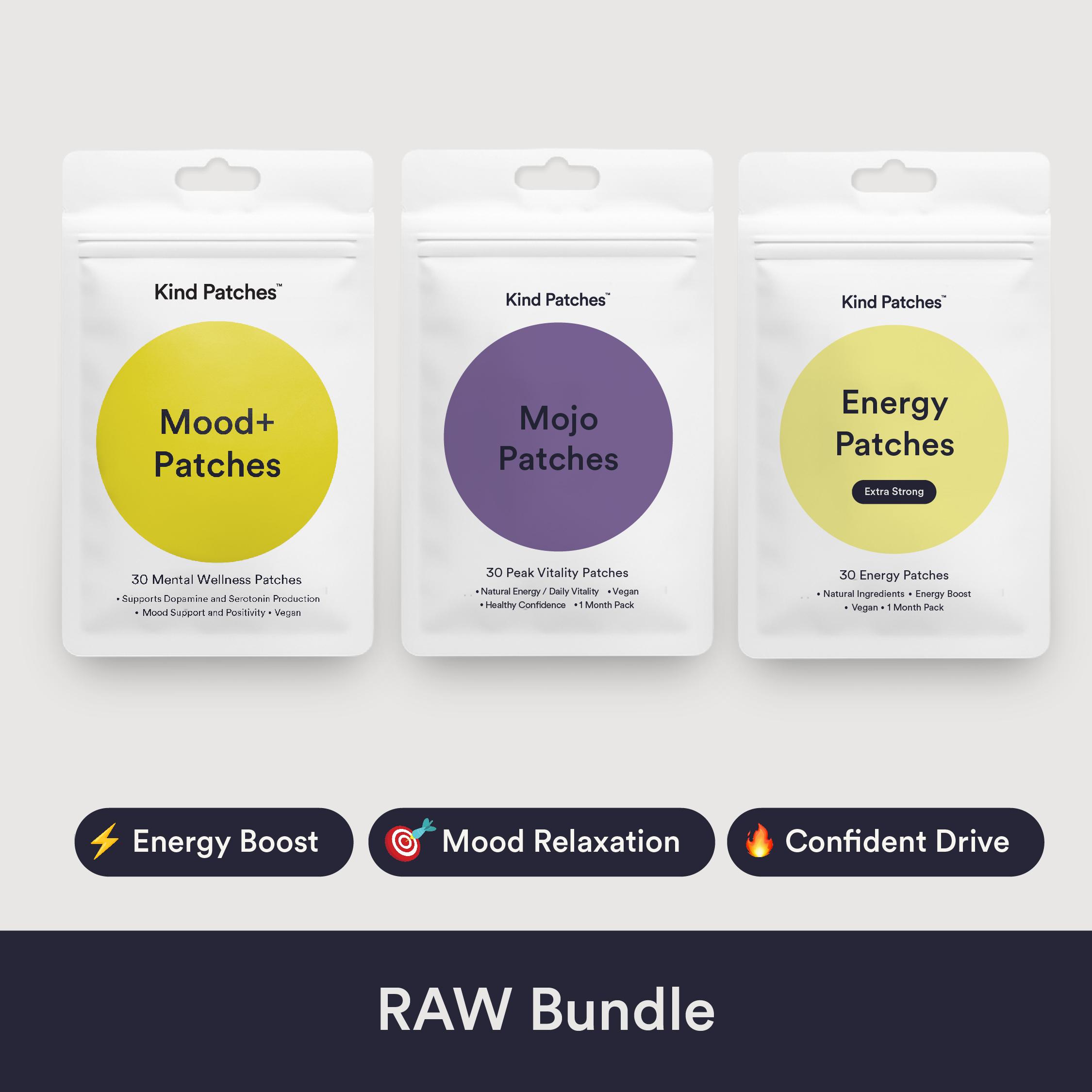 Kind Patches RAW Bundle: 30 Mental Wellness Patches + 30 Peek Vitality Patches + 30 Energy Patches, Mood Support, Natural/Daily Vitality Support , Health Confidence, Natural Ingredient, Caffeine and Red Ginseng, Vegan