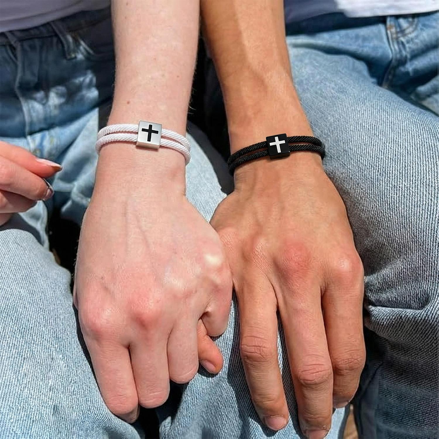 2pcs Cross Braided Rope Bracelets for Couples, Christmas Valentines Gifts, Fashionable Adjustable Bracelet for Men Women Teen Girls Fashion Jesus Bracelets Christian Baptism Gift