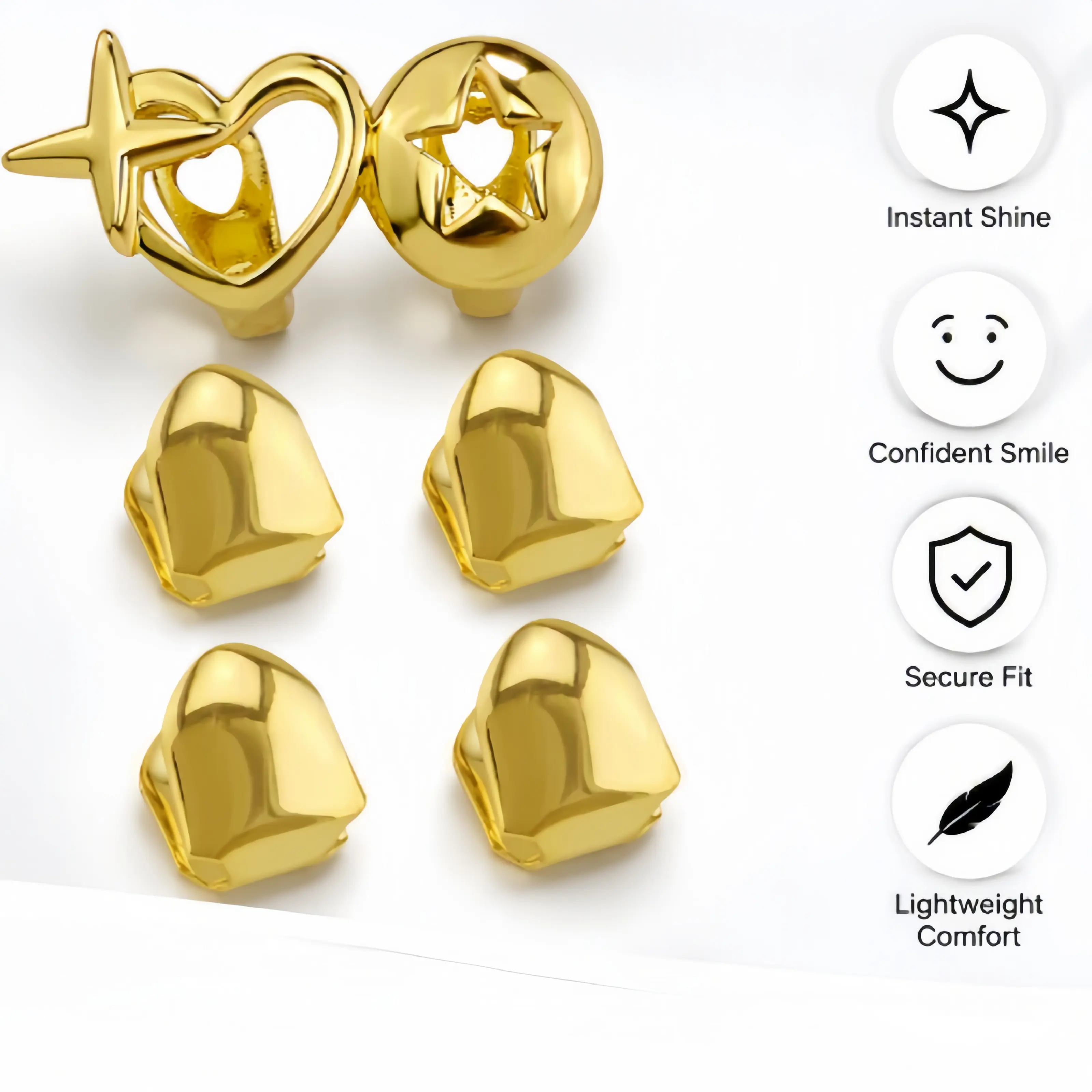 Hollow Star & Heart Gold Grillz Teeth Set, Glossy Removable Hip Hop Tooth Caps, Punk Fang Dental Grills, Trendy Jewelry for Christmas, Halloween, Club Party, Rapper Cosplay for Men Women Daily Lightweight Oral Metallic