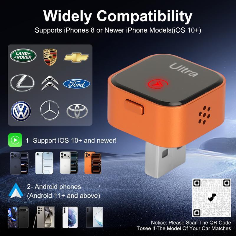 2026 New Mini Orange Wireless CarPlay & Android Auto Adapter: Wireless connection compatible with most vehicles, featuring one-tap switching and high-speed heat dissipation.