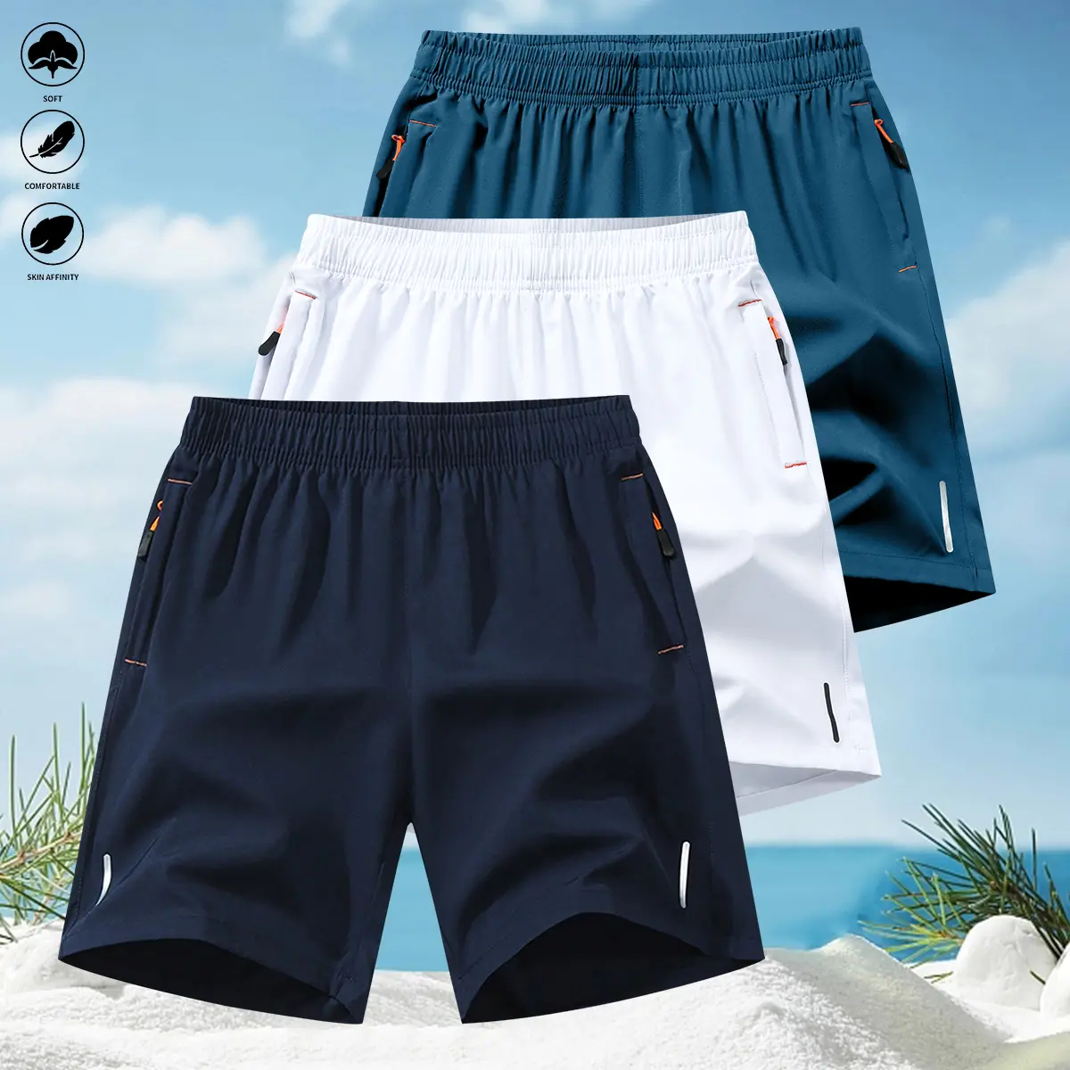 Men's Solid Color Elastic Waist Drawstring Shorts (Pack of 3) - Smooth Fabric, Zip Pockets, Fitted Cut Sport Casual Summer Bottoms for Fitness, Outdoor Activities