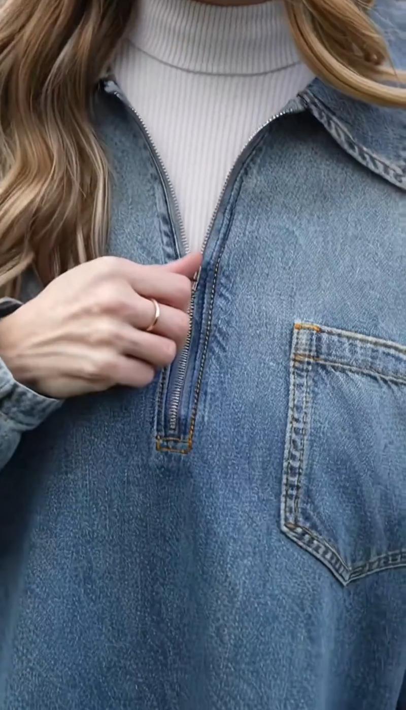 Elengatine Women's Denim Dress Half-Zip Collared Vintage Washed Blue Loose Fit Long Sleeve One Chest Pocket Trendy Casual Top for Daily Wear & Street Style Looks - Chic Autumn and Winter - Womenswear Suitable for all people, sizes range from XS - 5XL