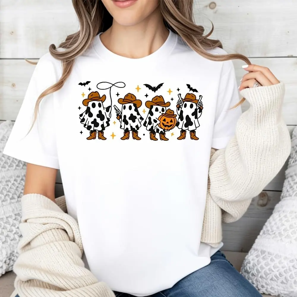 Cowboy Ghosts And Pumpkin Print, Raglan Long-Sleeved T-Shirt, Halloween Western Theme, Party Costume Casual Wear
