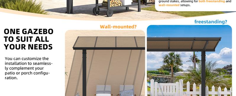 AECOJOY Gazebo Outdoor Pergola for Patio with Lean to Hard Top Grill, Clearance with Roof, Small Wall-Mounted Heavy Duty Awnings Adjustable Canopy