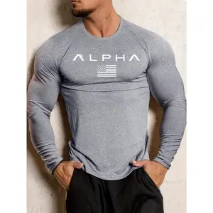 Men's Slim Fit Long Sleeve Athletic Shirt - Quick-Dry, Breathable Polyester with Alpha Graphic Design for Running, Gym, and Casual Wear, Gym Clothes