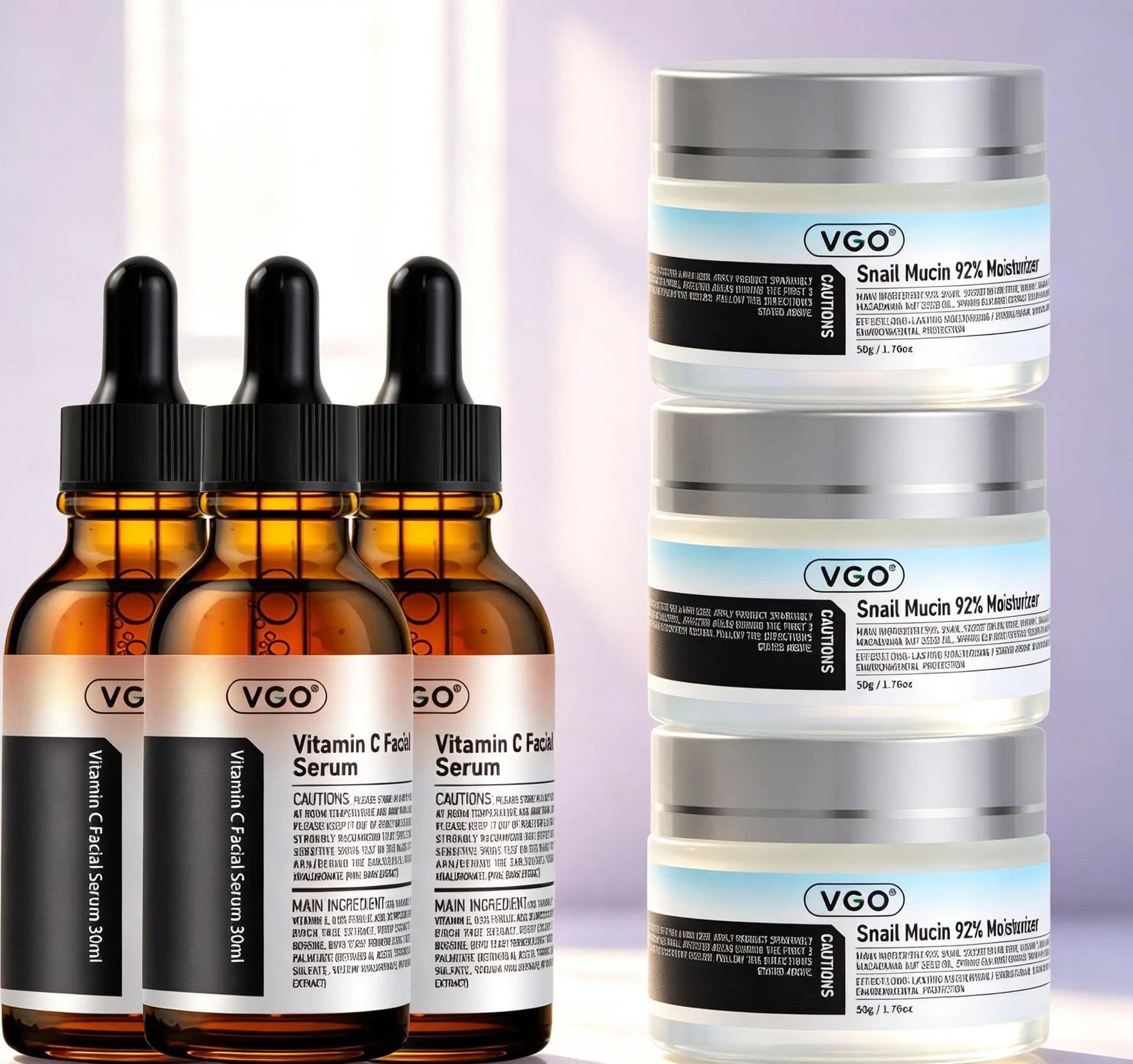 VGO Skincare Brightening Anti-Aging Kit - Vitamin C Facial Serum, 92% Snail Mucin Gel Cream Moisturizer, Daily Morning Routine Set for Radiance, Hydration, Skin Repair, Travel Essentials, Moisturizing