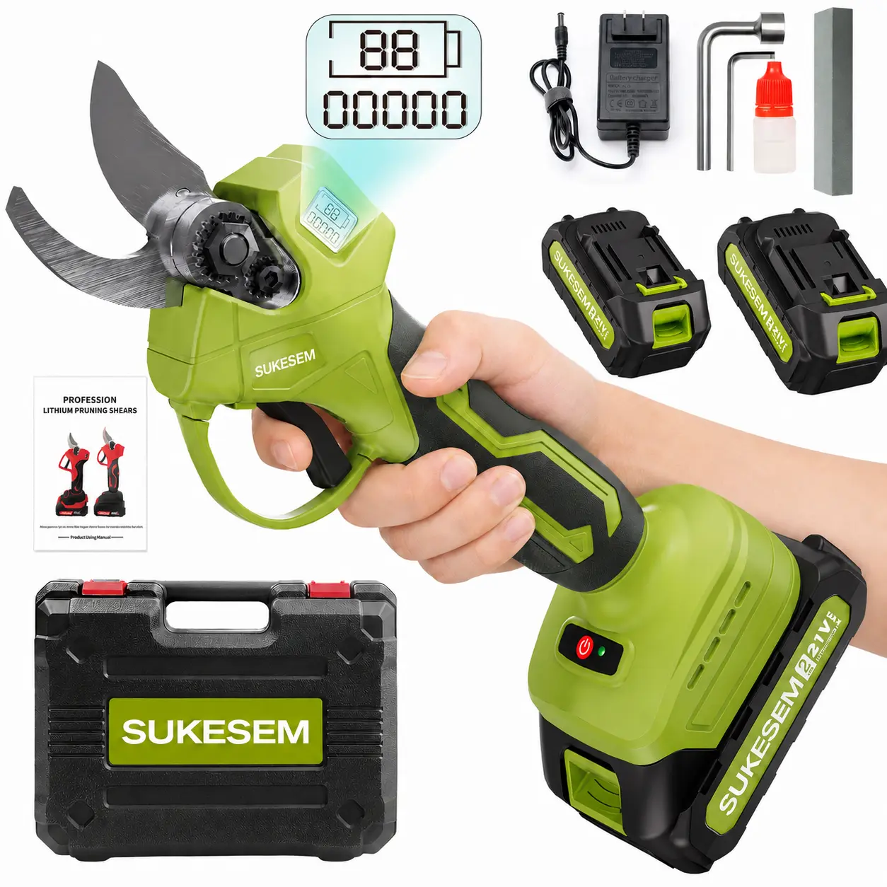 SUKESEM 21V Cordless Electric Pruning Shears, Heavy-Duty 1.2” Cutting Diameter Branch Cutter for Gardening & Tree Shrub Trimming, with LCD Display, 2 Batteries, 6-8H Runtime - Fathers Day Gift for Gardeners