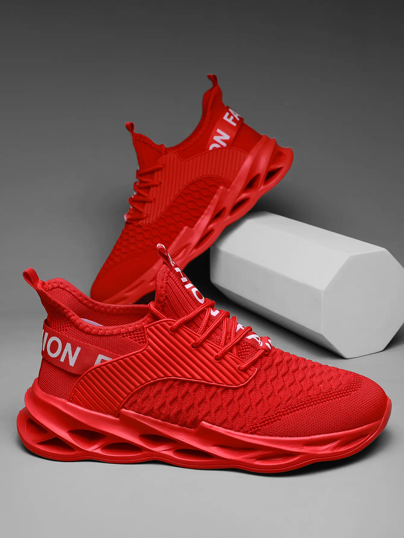 Viral Hype Sneakers for Men | Trendy Streetwear Blade Sole Shoes | Breathable Knit Fashion Sneakers | OOTD Essential Casual Footwear | Bold Red & Sleek Black Training Trainer Boy Closed Runner Athletic Running   Indestructible Lightweight Safety