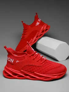 Viral Hype Sneakers for Men | Trendy Streetwear Blade Sole Shoes | Breathable Knit Fashion Sneakers | OOTD Essential Casual Footwear | Bold Red & Sleek Black Training Trainer Boy Closed Runner Athletic Running   Indestructible Lightweight Safety