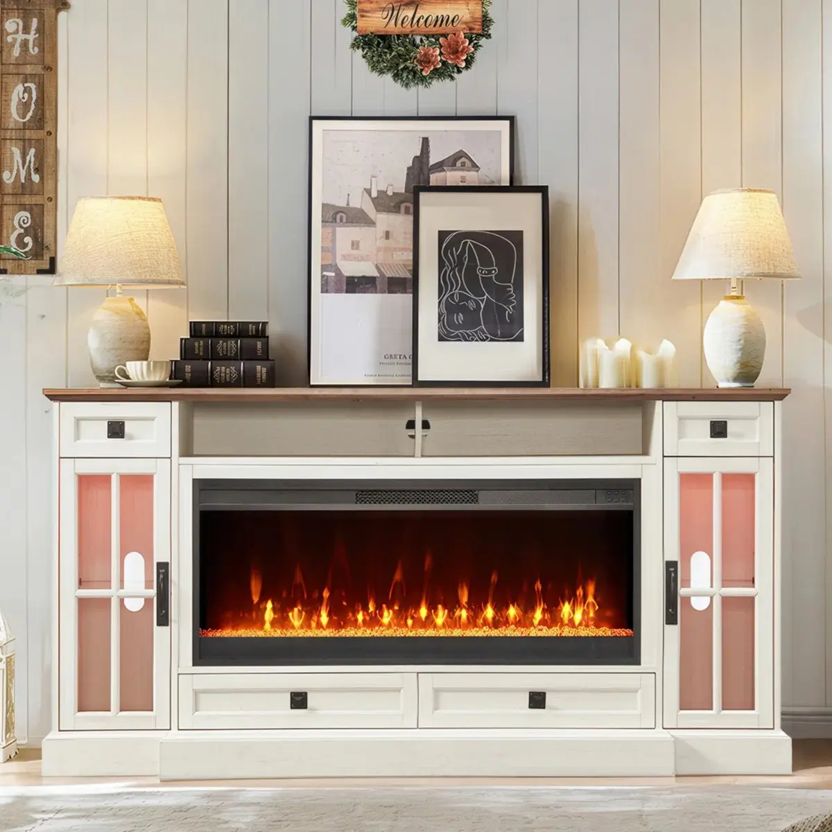 OKD 70" Wall-Mounted Rustic TV Stand – Fits 80" TV, 42" Electric Fireplace, 2 Cabinets & 4 Drawers, Open Shelves, Farmhouse Entertainment Center / Media Console for Living Room