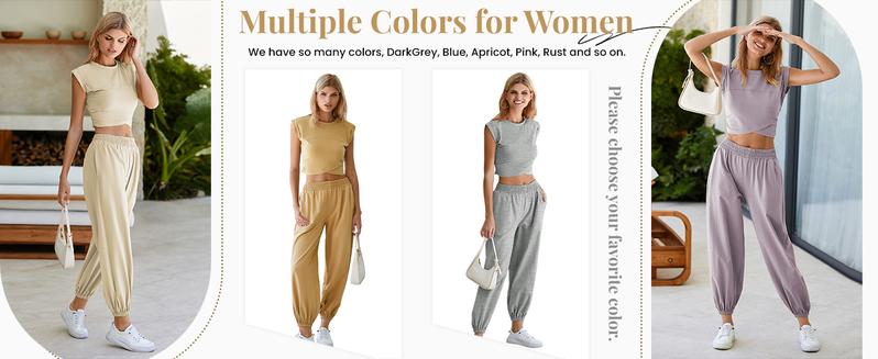 WoodBerry Women's Two-Piece Lounge Sets Workout Cropped Top Tee High Rise Sweatpants Outfits Casual Sweatsuits Suit Athletic Tracksuits With Pockets