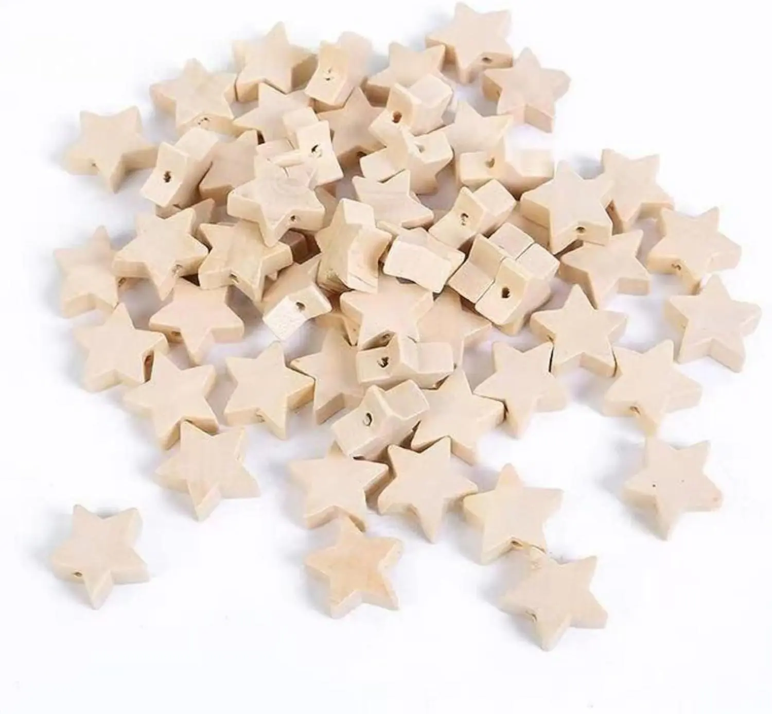 100 Pre-Drilled Star-Shaped Unfinished Natural Wood Loose Spacer Beads with Wood Grain, Easy Stringing, Customizable via Paint/Stain/Finishes for DIY Beads Making, Crafting Projects
