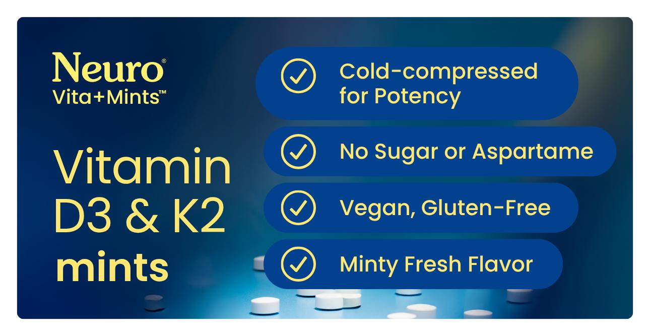 Neuro Mints Vitamin D3+K2 for Bone, Immune & Mood Support - 5,000 IU Vitamin D3 & 200mcg K2 - Sugar-Free, Aspartame-Free, Gluten-Free - Peppermint Flavor