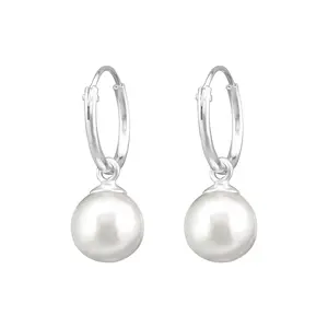 Dangling Faux Pearl 12mm Hoop Earrings - Pair - 925 Sterling Silver