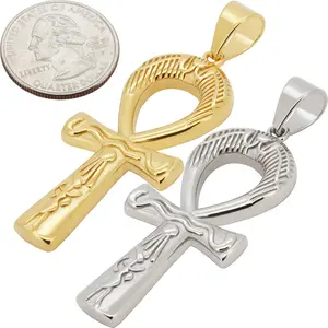 316L Stainless Steel 18k Yellow Gold Plated Engraved Egyptian Ankh Cross Pendant