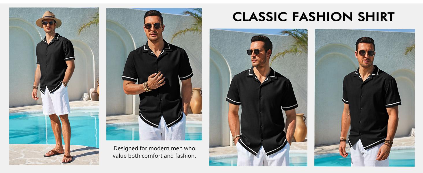 Runcati Mens Short Sleeve Shirt Button Down Casual Cuban Linen Shirts Summer Beach Vacation Tops