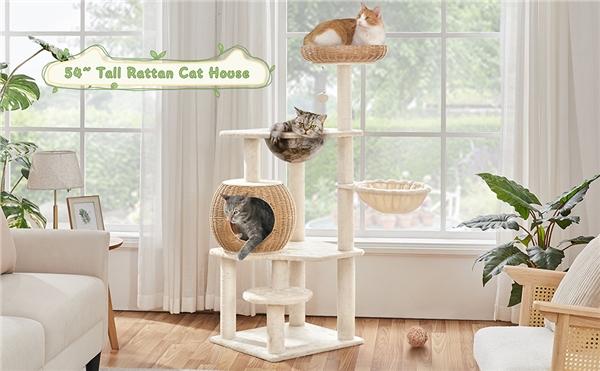【Valentine Gift】Yaheetech 54in Rattan Cat Tree Tower with Luxury Woven Condo, Clear Bowl, Washable Cushions, and Scratching Posts, Cat Furniture for Indoor Cats