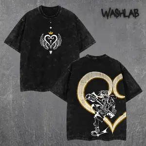 Retro Sora Kingdom Hearts Keyblade Heartless Emblem Double Sided Print Oversized Acid-Washed Heavyweight Cotton T-Shirt – Unisex Anime Tee, Perfect Gift for Anime Fans and Lovers Menswear Tops