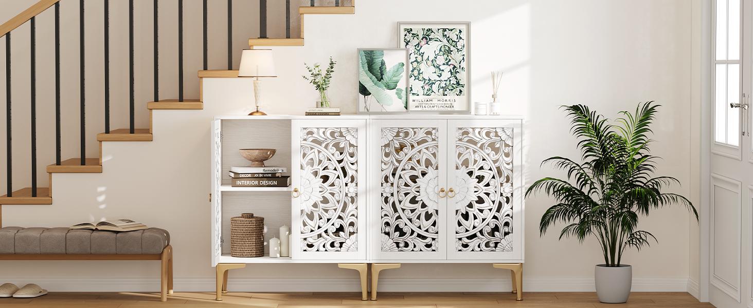 31.5" White Boho Accent Cabinet Mandala Carved Doors Gold Legs, Storage Sideboard Coffee Bar Cabinet for Living Dining Room Entryway 31.5" White Boho Accent Cabinet Mandala Carved Doors Gold Legs, Storage Sideboard Coffee Bar Cabinet for Living Dining Room Entryway