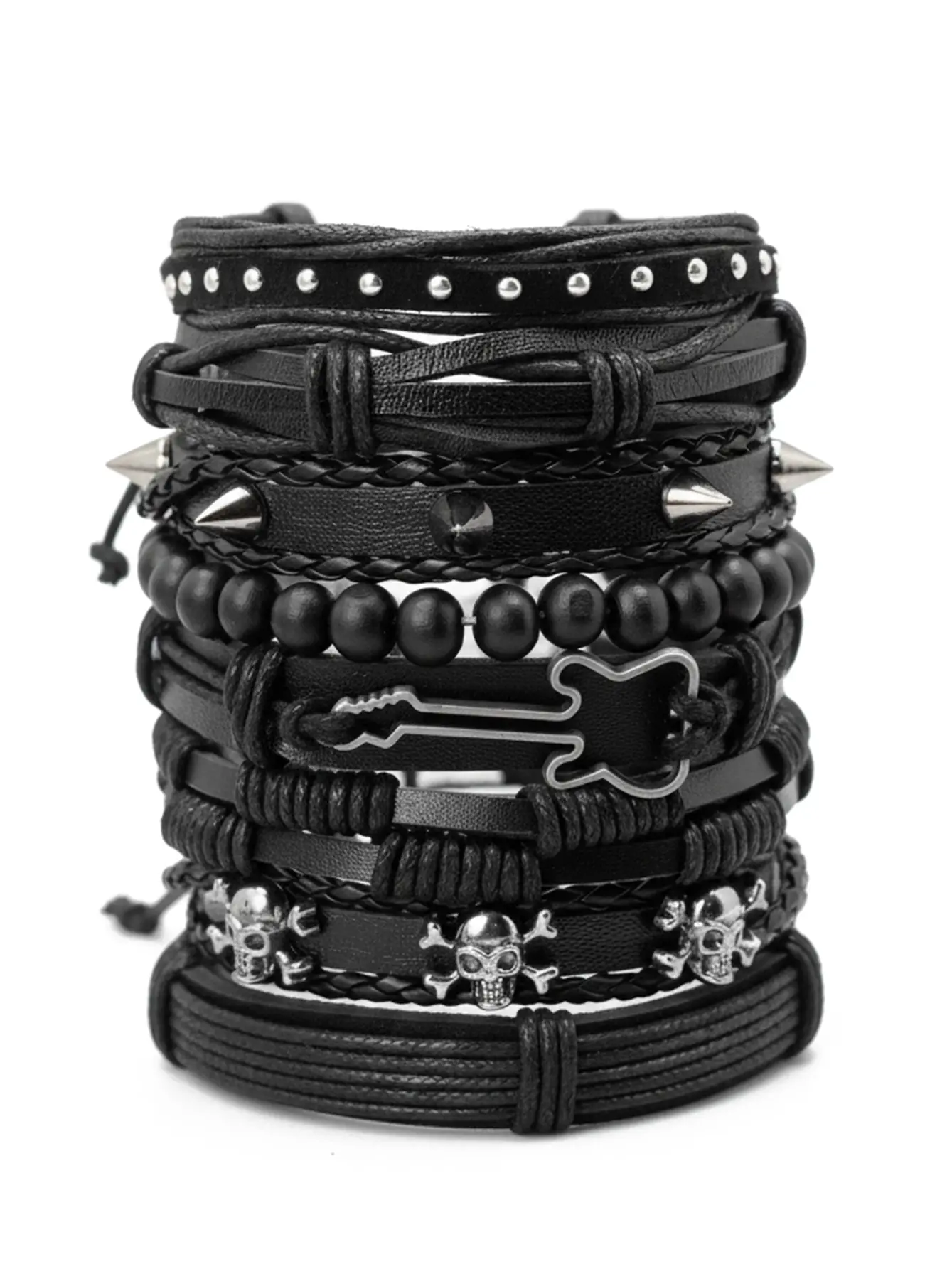 Men's Punk PU Leather Bracelet Set - Adjustable Black Multi-Layer Braided Wrap Wristbands with Skulls, Musical Guitars, Spikes - Gothic Rock Daily Unisex Costume Jewelry Kit, Unisex Fit, Skulls & Guitars, Braided Wrap Bracelets