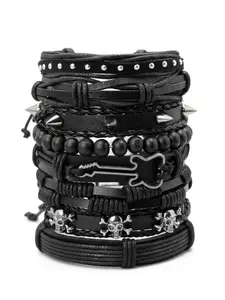 Men's Punk Leather Bracelet Set - Multi-Layer Braided Wrap Bracelets with Skull, Guitar & Spikes - Gothic Rock Jewelry for Men and Women - Adjustable Black Wristband Kit