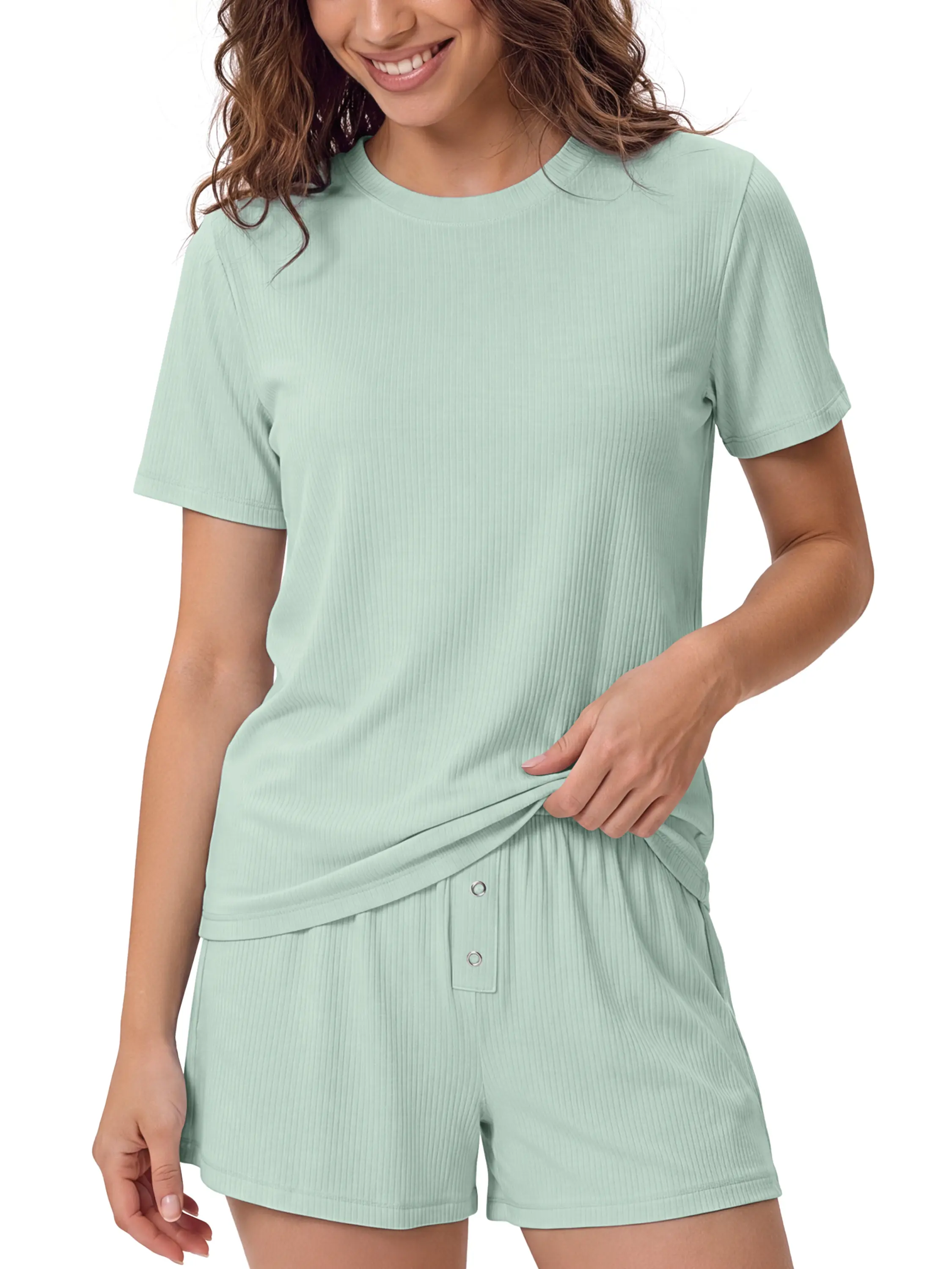 ODODOS Women's Bamboo Viscose Casual Short Sleeve Crew Neck Relaxed Fit Tee - Ultra Soft Ribbed Top for Sleep, Lounge