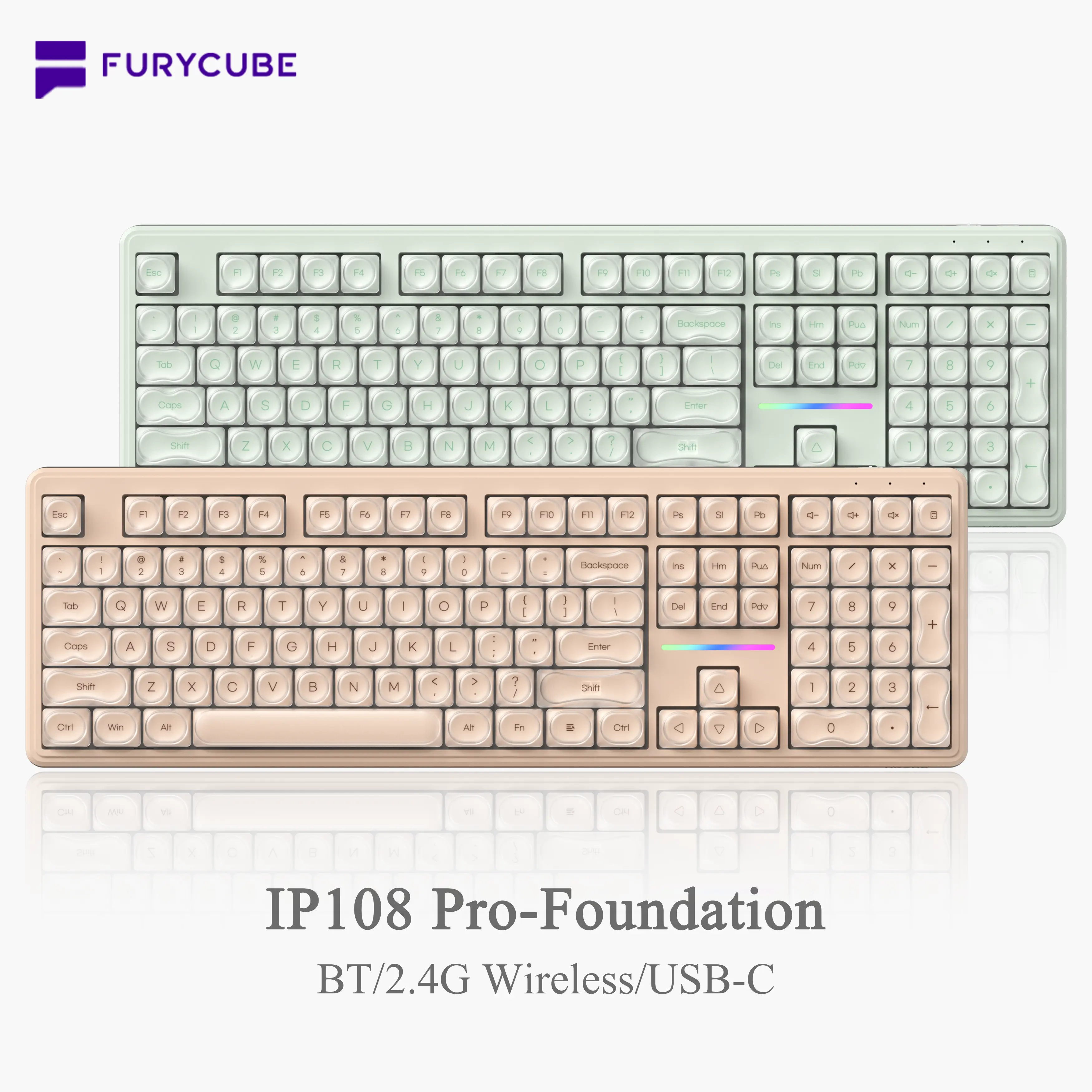 FURYCUBE IP108 PRO Foundation Office Keyboard, 108 keys Tri-mode Cute Classic Keyboard with Number Pad, Mechanical Feel Keyboard, RGB Backlit Ergonomic Silent Computer Gaming for PC,MAC,PS4,XboxONE, Gift, pc, accessories