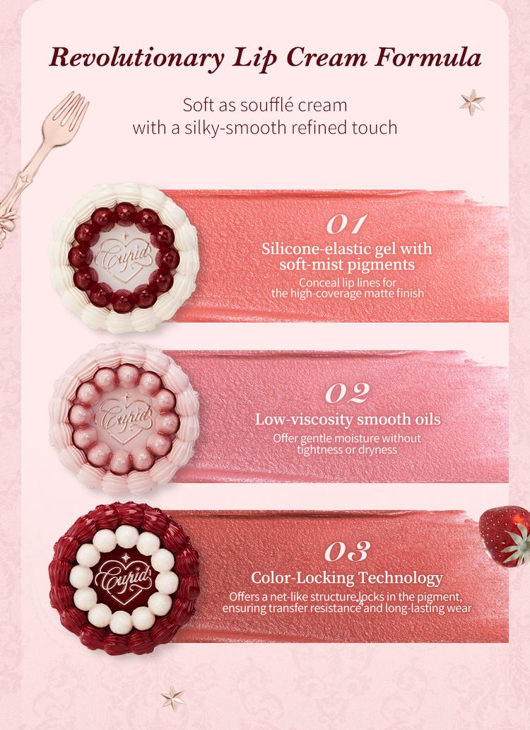 Flower Knows Strawberry Cupid Collection Cake Lip Cream, Smooth Matte Lip Cream, Long Lasting, Non-Stick Cup Lip Clay, Smudge Proof, High Pigment, Moisturizing, Summer Makeup Gift, Makeup Beauty Cosmetics