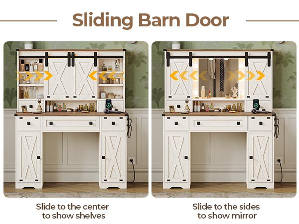 Valentine’s Gifts: Hasuit Farmhouse Vanity Desk with Mirror and Lights, White Makeup Dressing Table with Charging Station, Rustic Vanity Mirror with Sliding Barn Door, Vanity Table with 3 Adjustable Lighting Modes