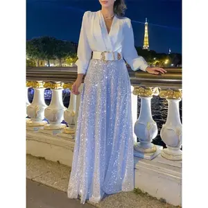 Splice Sequins Maxi Dresses For Women Fashion Folds Loose V Neck Elegant Dress Femme Party Evening Dresses Luxury 2024 Formal Womenswear Green Basic Can be used with raincoat
