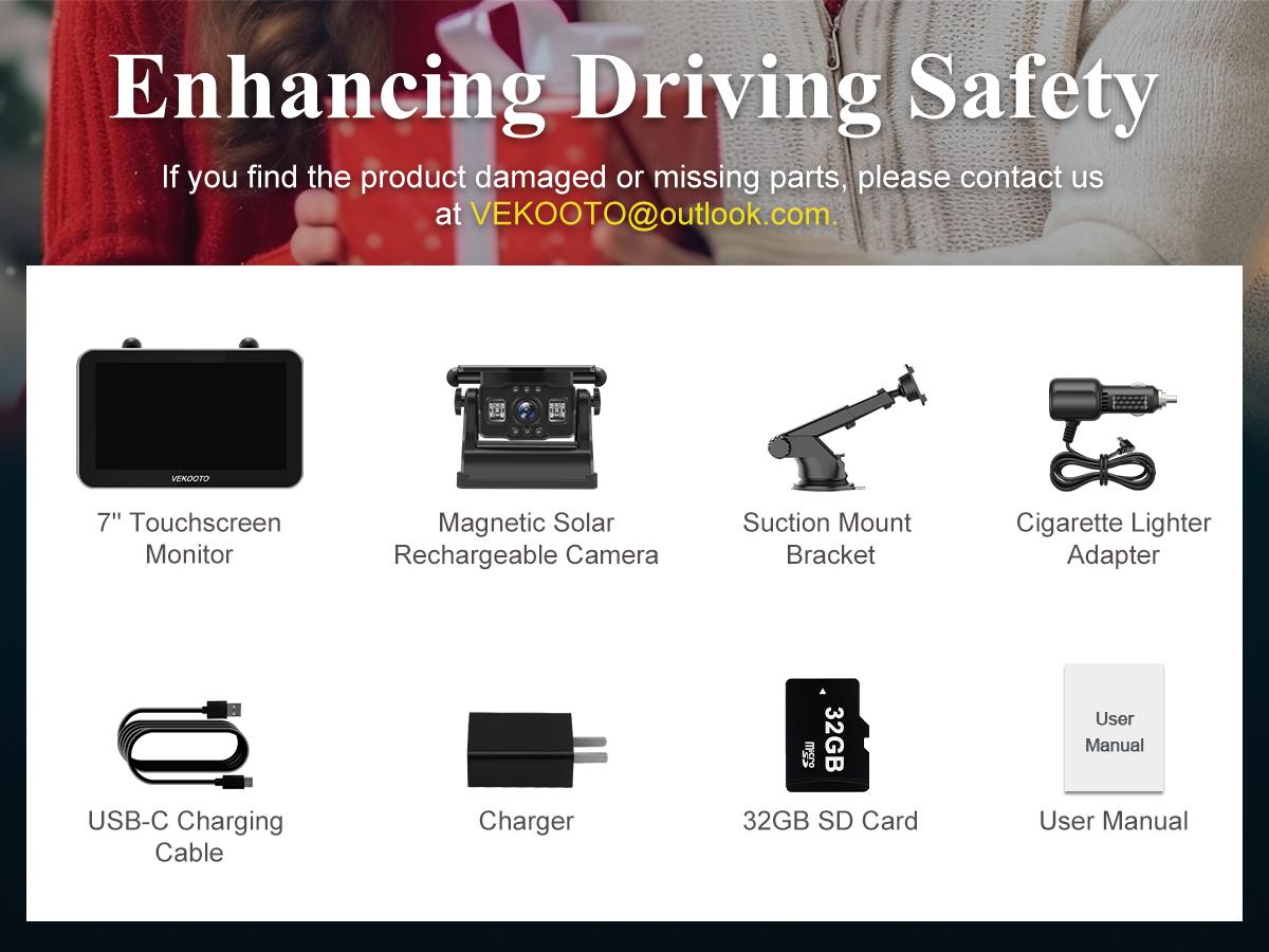 VEKOOTO VK7Pro Magnetic Solar Wireless Backup Camera 7'' IPS Touchscreen HD1080P No Wiring Rechargeable for RV Trailer Camper Car Blind Spot Truck Automotive Backup Camera Easy Install No Tools Needed