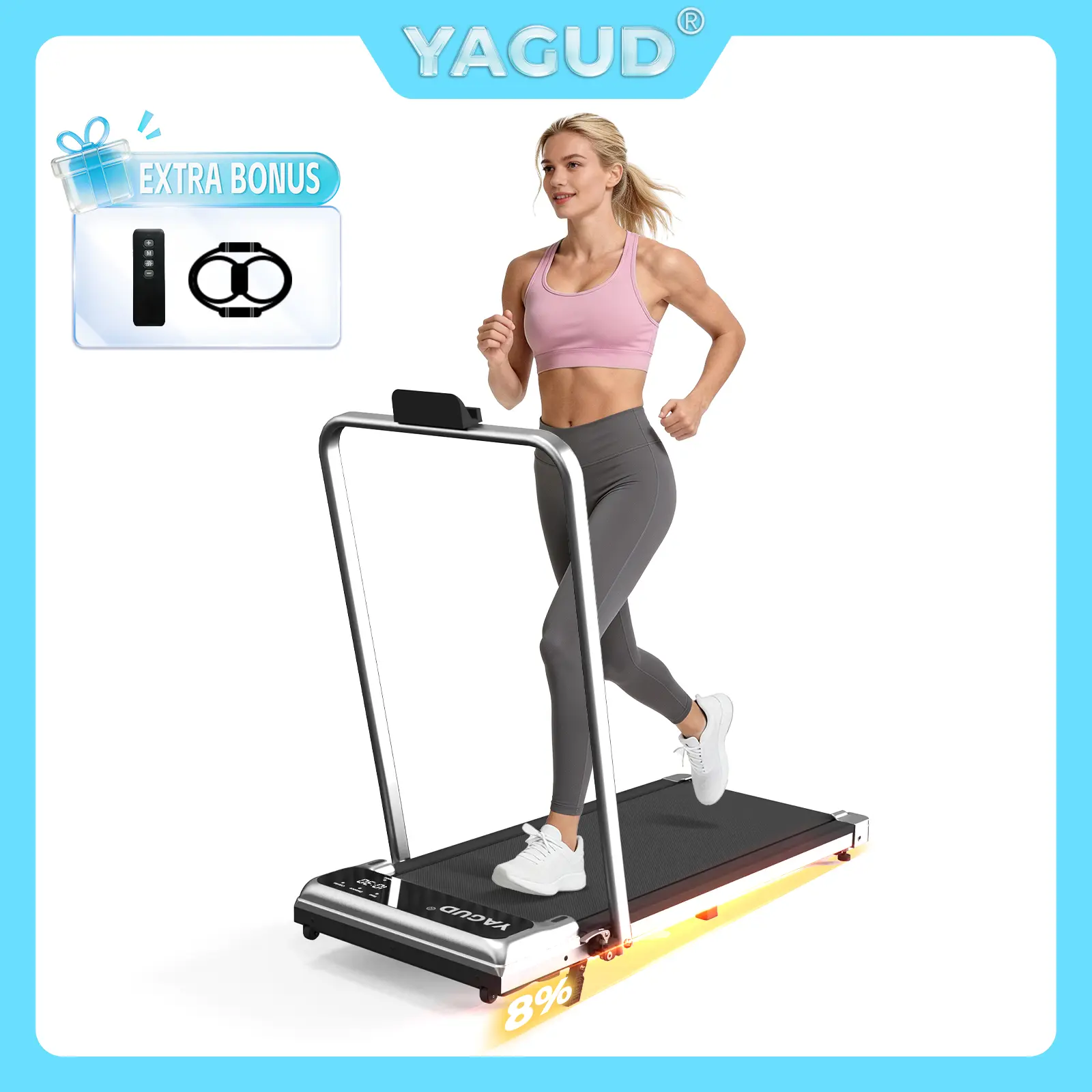 【Colorful Handrail】 YAGUD Upgraded Folding Treadmill , Low Noise Motor – 265lbs Weight Capacity Spacious Belt Walking Pad, Dual Shock Absorption, Remote Control & Wheels for Easy Moving – Includes Free Resistance Bands