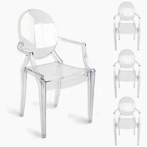 Set of 4 Clear Circle Back with Armrest Ghost Chairs, Modern Transparent Side Chairs, Stackable Dining Room Restaurant Chairs for Events, Weddings, Banquets