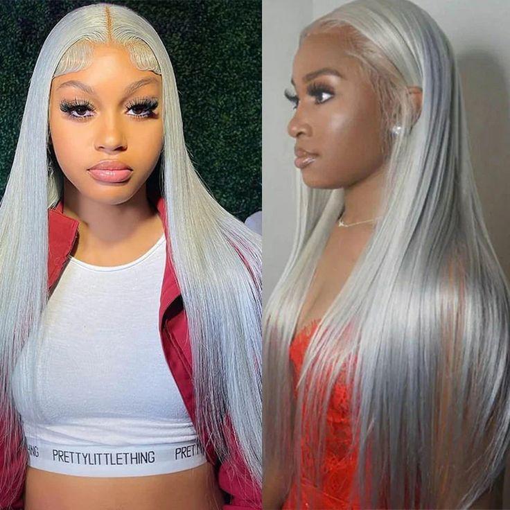 Bling Hair Sliver Grey Bone Straight Human Hair Lace Front Wigs 13x4 Transparent Lace Frontal Wigs Gray Straight Human Hair Wig Colored for Women Silvery Gray Wig Pre Plucked with Baby Hair Grey Straight Lace Front Wig