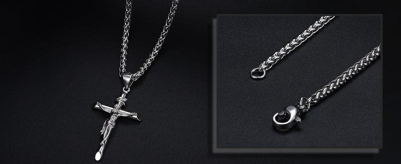Fansilver Crucifix Necklace for Men Women - Men's Crucifix Pendant Necklace with Stainless Steel Rope Chain Catholic Baptism Jesus Cross Necklace Jewelry 16-30 Inches