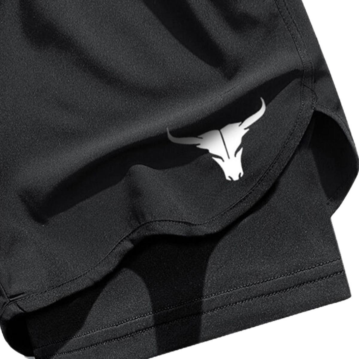 Men's Letter & Bull Head Print 2 in 1 Double Layer Drawstring Waist Gym & Casual Shorts, Regular Fit Comfortable Breathable Quick Drying Anti Exposure Pocket Shorts for Gym Workout, Running & Daily Wear, Men's Bottoms for Summer