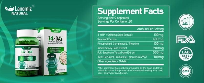 LANOMIZ White Kidney Bean Extract Complex for Carb & Starch Management, with 5-HTP & Probiotics, 60 Capsules, Pre-Meal Support, Vegan, Gluten-Free, Non-GMO - Dietary Supplement